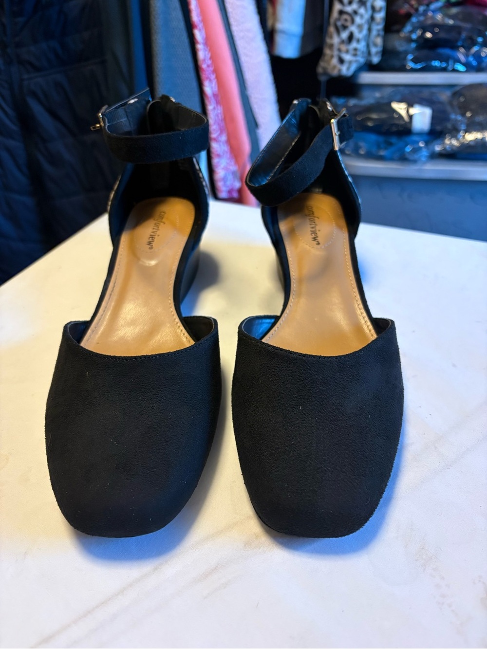 ComfortView Black Ankle-Strap Closed-Toe Suede Wedge Mules